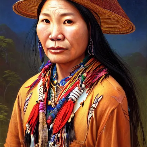 Image similar to portrait of an aboriginal taiwanese amis pangcah woman ( 3 5 ) from taiwan in 2 0 2 1, an oil painting by ross tran and thomas kincade