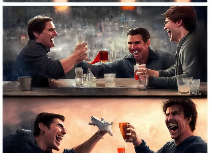 Prompt: hyper realistic tom cruise hanging out with tom cruise at a bar, all overly excited, jaw unhinged with laughter and smiling, all teeth, by greg rutkowski, artgerm, loish, pixar, 4 k, 8 k, masterpiece