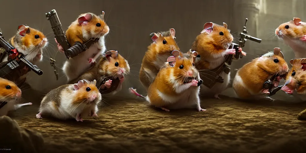 Image similar to highly detailed image of hamsters in a battle, hamsters, hamsters holding rifles, stephen bliss, unreal engine, fantasy art by greg rutkowski, global illumination, radiant light, detailed and intricate environment