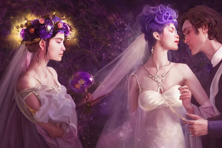 Image similar to a dreamlike cinematic portrait of wedding photograph close up moment of a divine a russia sun god and moon goddess lovers magician at a wedding banquet. portraiture. digital painting. artstation. concept art. fantasy wedding photo. digital painting, 8 k realistic, hyper detailed, violet evergarden art masterpiece by art by krenz cushart