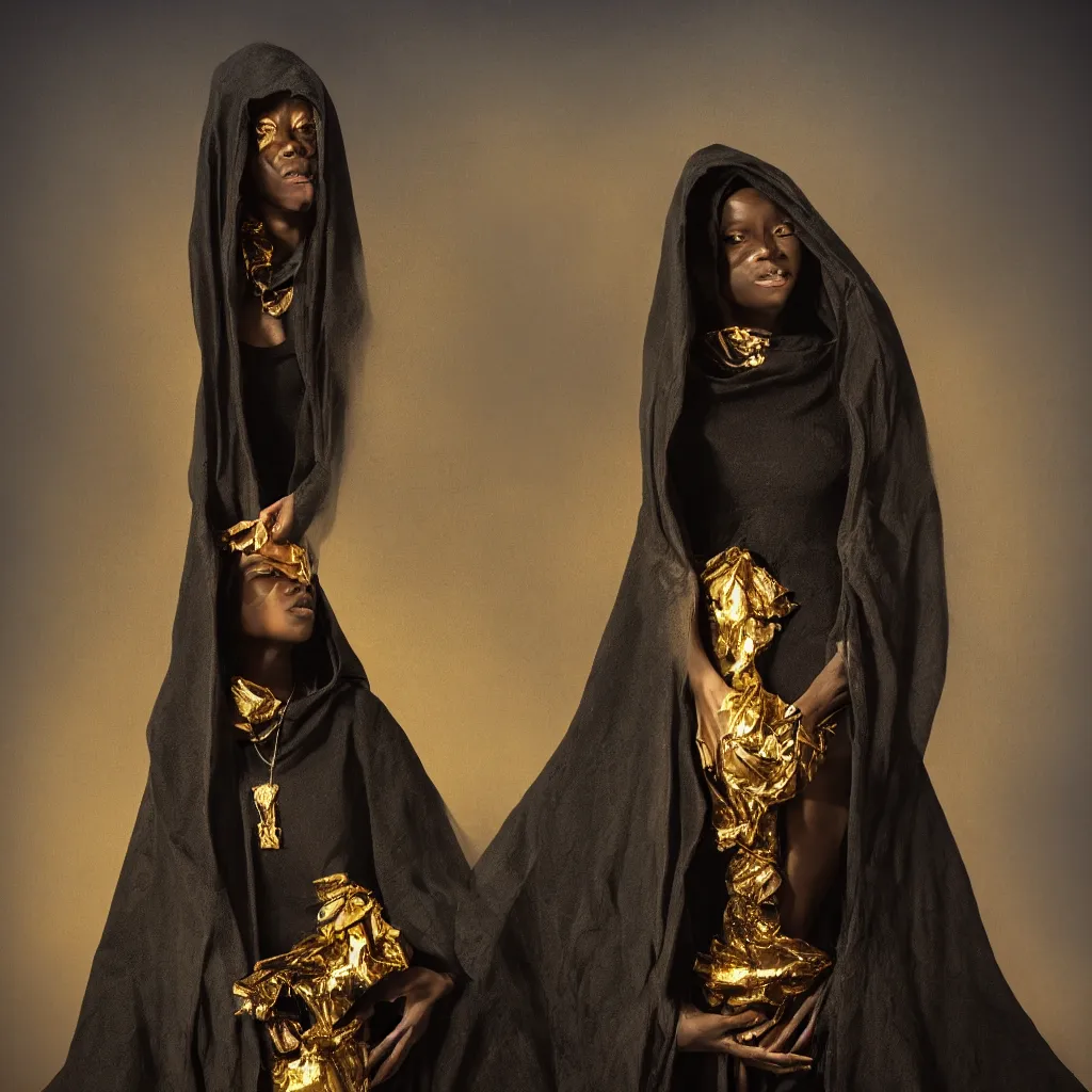 Image similar to a portrait of a young black woman wearing a long dark cloak, hood and shadows covering face, holding golden jewelry, oil painting, matte painting, black background, Volumetric Golden dappled dynamic lighting, Highly Detailed, Cinematic Lighting, Unreal Engine, 8k, HD, by Beksinski