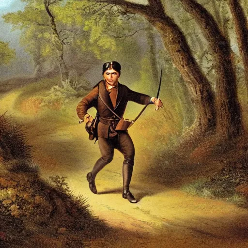 Image similar to 4 k photo of davy crockett running through woods with a flintlock