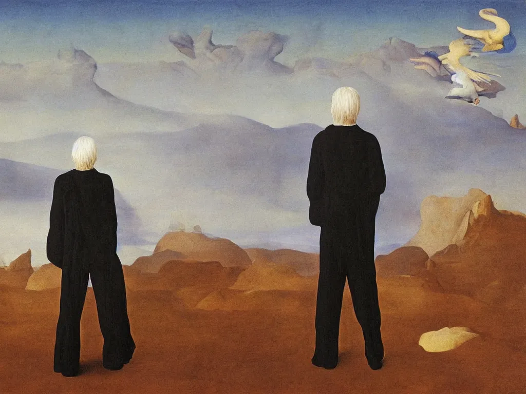 Image similar to albino mystic, with his back turned, looking at a hallucination over the desert in the distance. Painting by Jan van Eyck, Audubon, Rene Magritte, Agnes Pelton, Max Ernst, Walton Ford