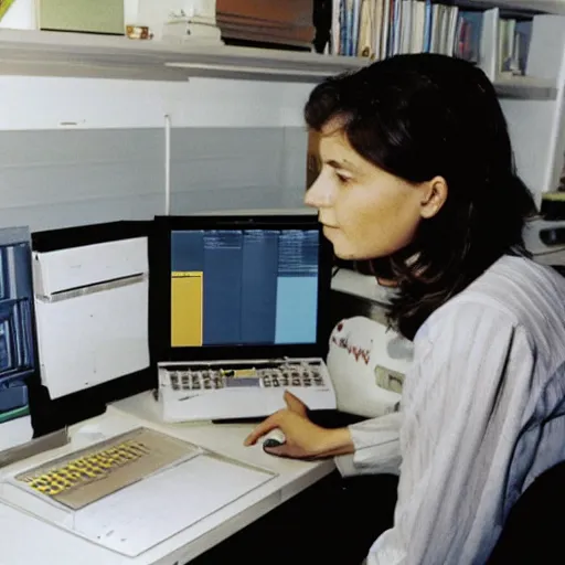 Prompt: a researcher on her pc in the 90s coding a system to design kitchens, hyperrealistic