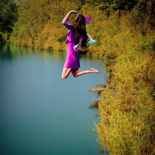 Image similar to flying fairy with wings timidly tipping toe into the center of a lake