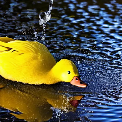 Prompt: Photo of a yellow duck drinking water from a pond with a fish flying over it, realistic
