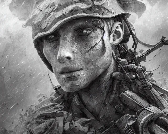 Image similar to A soldier in despair in a world war 1 trench, close-up, black and white, amazing digital art, hyper detailed, artstation, in the style of Tony Sart