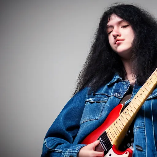 Image similar to 19-year-old girl with long shaggy black hair, permed hair, wearing denim jacket and bell-bottom jeans, playing electric guitar, stoner metal concert, heavy blues rock, doom metal, 30mm photography