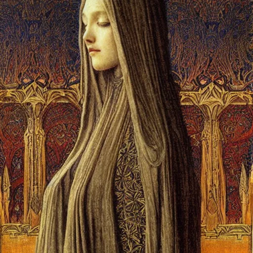 Prompt: beautiful young medieval queen by jean delville, art nouveau, symbolist, visionary, gothic, neo - gothic