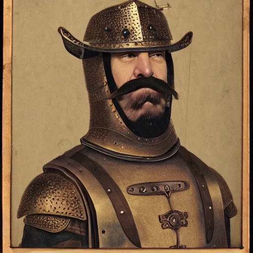 Prompt: realistic still of a man with a walrus moustache wearing medieval armor. Highly detailed portrait