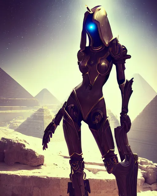 Image similar to android girl in egyptian ruins, warframe armor, atmosphere, glow, detailed, intricate, beautiful face, cinematic lighting, trending on artstation, 4 k, focused, extreme details, cinematic, masterpiece, by akihito tsukushi