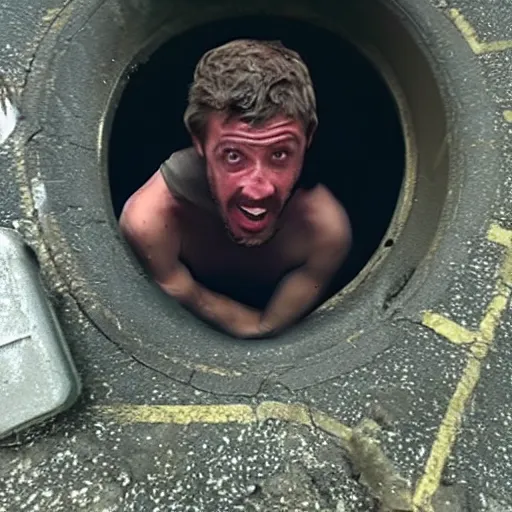 Prompt: man stuck inside a sewer, desperate, bad quality, shaky camera, funny