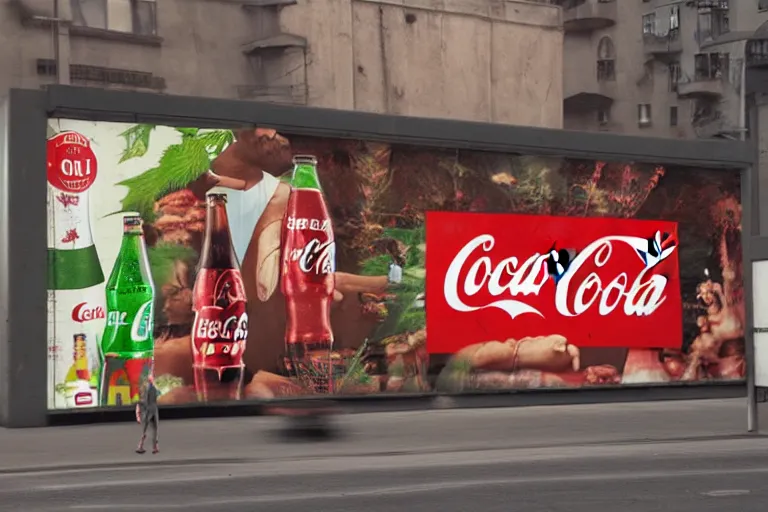 Prompt: magazine advertising of a new Coca-Cola Marijuana flavored, very happy people on the poster, ue4, hyperrealistic, billboard ad, creative advertising