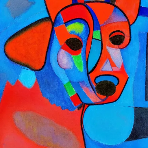 Prompt: A red dog sitting in the middle with red spots. in the art style of Kandinsky. Dramatic lighting, minimal painting, high resolution. Positive vibes