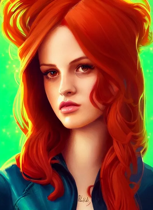 Image similar to full body portrait of teenage cheryl blossom, bangs, green eyes, mischievous expression, red hair, sultry smirk, bangs and wavy hair, intricate, elegant, glowing lights, highly detailed, digital painting, artstation, concept art, smooth, sharp focus, illustration, art by wlop, mars ravelo and greg rutkowski