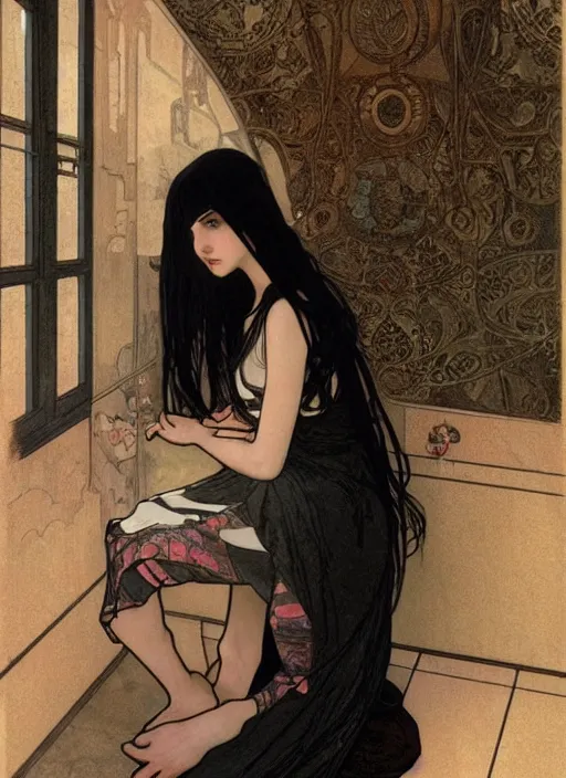 Image similar to a lonely young girl with straight long black hair wearing black dress that sitting on bathroom floor, art by artgem, greg rutkowski and alphonse mucha