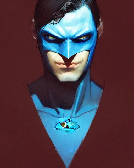 Image similar to character portrait of a slender young batman with blood stains in his face, piercing bright blue eyes, and pale skin, by greg rutkowski, mark brookes, jim burns, tom bagshaw, trending on artstation