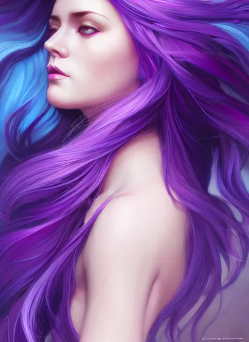 Prompt: Purple hair Portrait of a woman with bright colored flying hair, all shades of purple. Hair coloring, amber eyes, face, long hair, fantasy, intricate, elegant, highly detailed, digital painting, artstation, concept art, smooth, sharp focus, illustration, art by artgerm and greg rutkowski and alphonse mucha