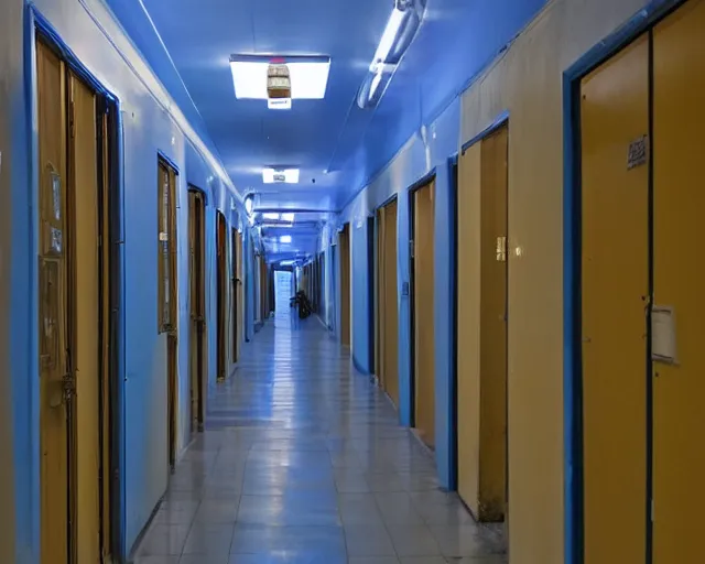 Image similar to a school corridor at night, night time, after hours, low light, blue, color