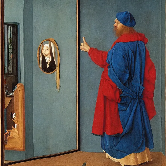 Prompt: blue crab man touching mirror. painting by jan van eyck