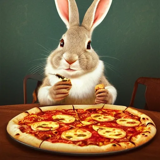 Prompt: a rabbit smiling and eating pizza in a concert orchestra by greg rutkowski and thomas kinkade, trending on artstation, 3 d render octane