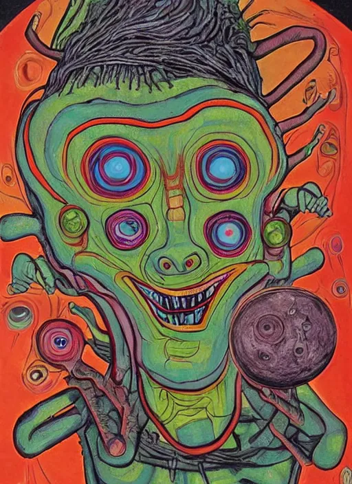 Image similar to a crazy alien art horror portrait, which has weird stretched out eyes and a misshapen mouth, chaotic fulcolor background, art brut by a psycho man, color crazy outsider art bad painting