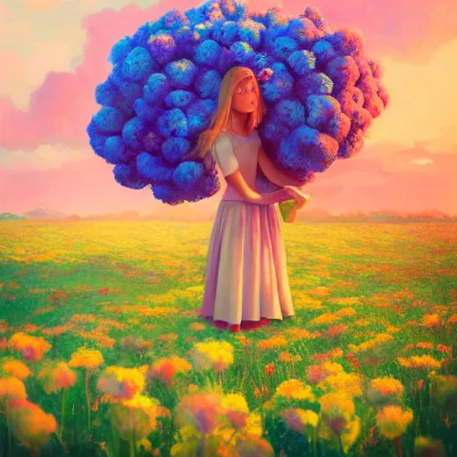 Image similar to girl with a giant carnation head, surreal photography, flower field, sunset dramatic light, impressionist painting, colorful clouds, blue sky, digital painting, artstation, simon stalenhag