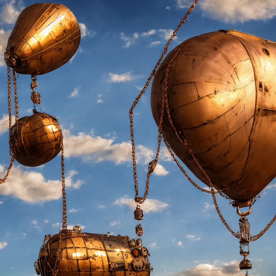 Prompt: beautiful steampunk blimps high in the sky, copper chains hanging from the edges, golden hour, steam clouds, clouds, valves, award winning photography, highly detailed, low poly, extremely wide angle