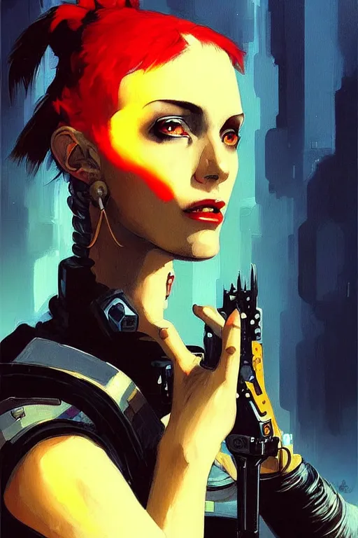 Image similar to full character portrait max mad cyberpunk warhammer 4 0 k, medic sapper not the girl with the pearl earring character design, painting by trending on artstation, jeffery catherine jones