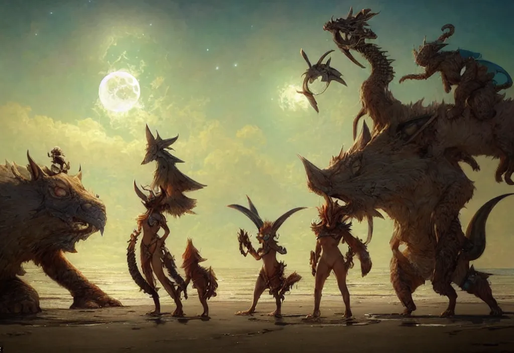 Image similar to cute fantasy critters at the beach looking at the moon, ultra realistic, concept art, highly detailed by greg rutkowski, gaston bussiere, craig mullins, simon bisley