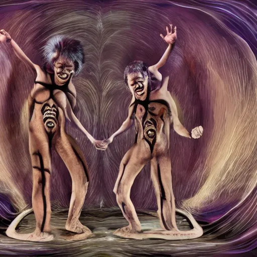 Image similar to Bogdanoff twins as Old Gods demanding sacrifices in an otherworldly hellscape, 4k