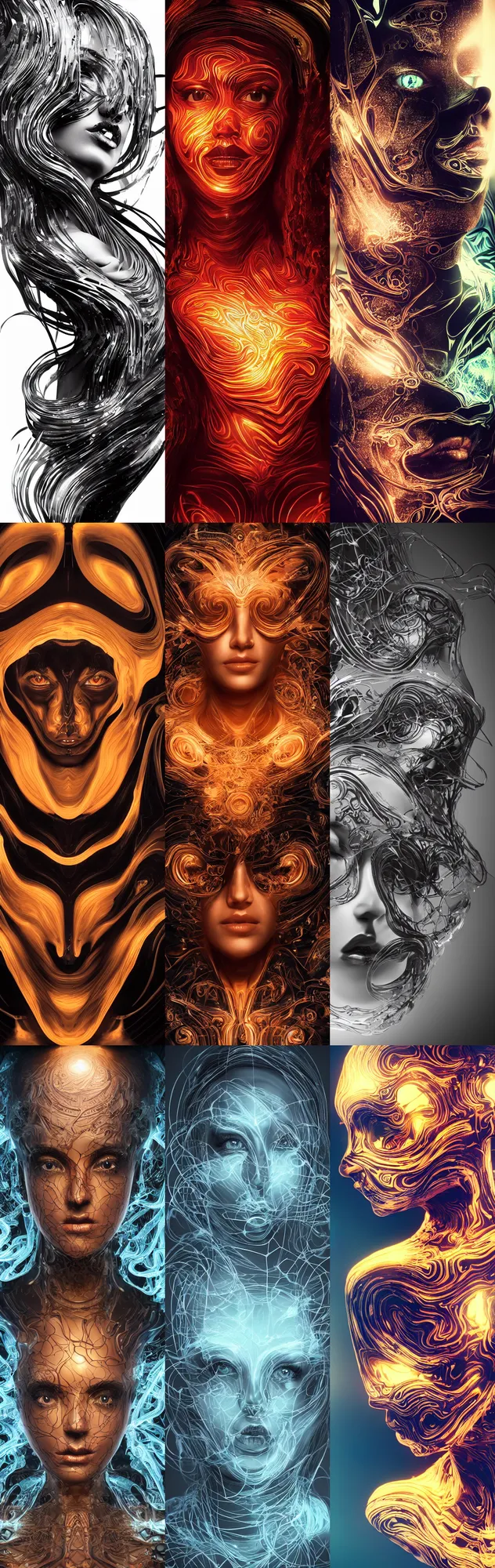 Prompt: epic illustration, digital abstract sculpt of beautiful female face and black swirling latex acrylic portrait, black latex sculpt, mechanical superstructure, sacred geometry, glowing edges, magic hour, beautiful light, sculpture of carving marble, dark colors, filigree ornaments, one point light, clockwork, epic matte painting, concept art, bokeh, digital painting