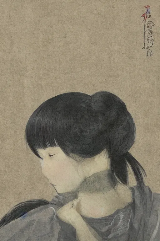 Prompt: painterly warped wadded knotted heap, dull grey expressionism, masterful rendering masterpiece mural chibi portrait entitled innocence by yoshitomo nara