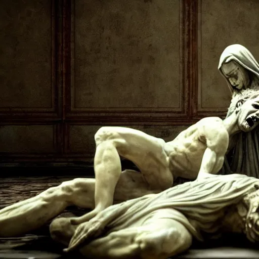 Image similar to ultra - photorealistic, epic scene from horror movie called pieta, best jumpscare scene, intricate details, sharp focus, baroque, symmetrical realistic, perfect face and anatomy ultra - details, 4 k, uhd, beautiful random content position