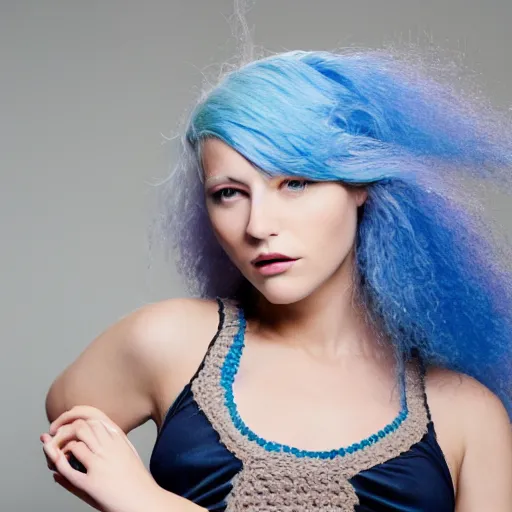 Image similar to A photo of a caucasian female model with blue hair wearing a crocheted croptop.