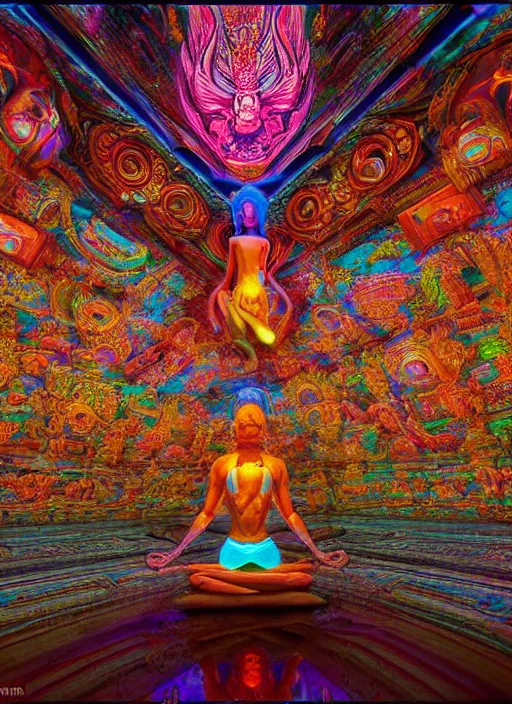 Image similar to breathtakingly beautiful ultrawide angle colour masterpiece weird dream, low angle view from inside a hindu temple, figure meditating close shot, strange beautiful cybertronic temple, incredible sense of depth and perspective and clarity, hyperrealism, realistic, dramatic lighting, leds, arch, symmetry symmetrical, alex grey and moebius and studio ghibli, 8 k