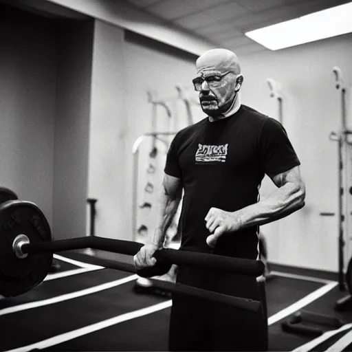 Image similar to “photograph of Walter white working out at the gym, 50mm bokeh, studio lighting, golds gym,”