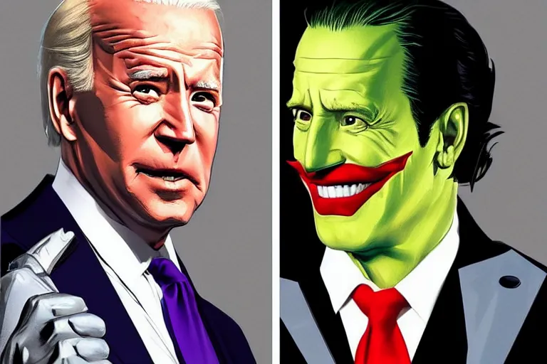 Image similar to Joe biden as batman vs donal trump as joker beautiful androgynous prince, featured on artstation, cinematic chiaroscuro, digital art by Leyendecker and Norman Rockwell