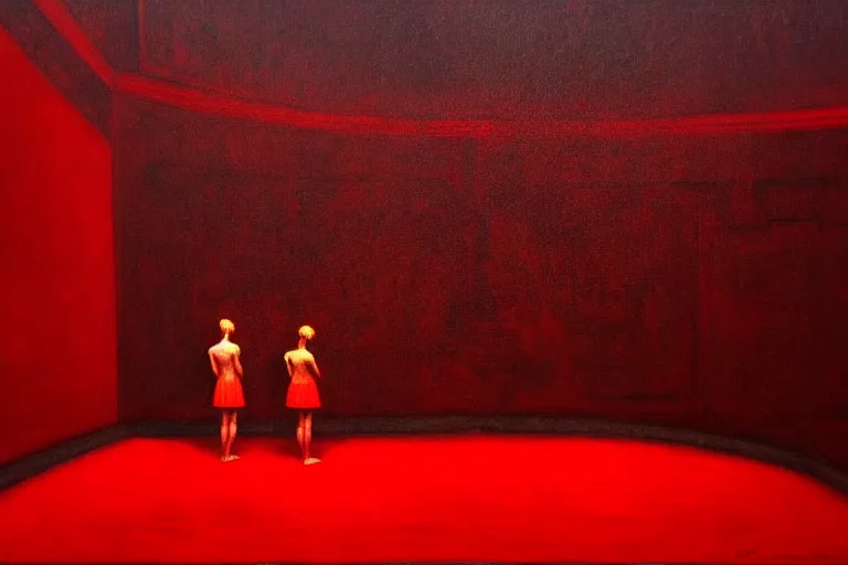 Image similar to only with red, crowd screaming, an exposed painting in a roman theater, in the style of beksinski, parts by edward hopper, parts by rodcenko, parts by yue minjun, intricate and epic composition, red by caravaggio, insanely quality, highly detailed, masterpiece, red light, artstation, 4 k