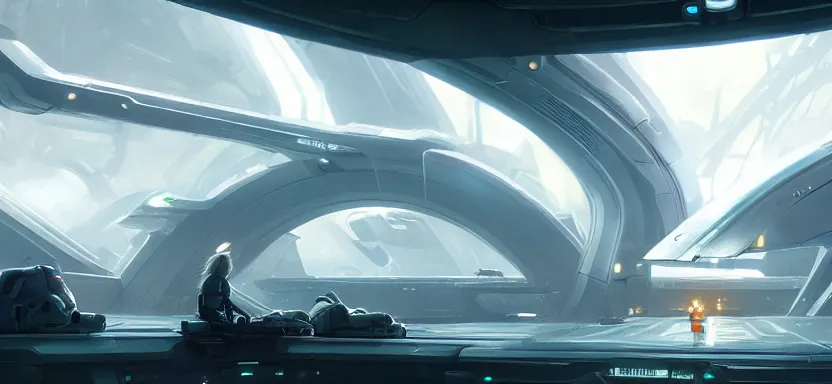 Image similar to Futuristic inside of a spaceship bridge, by Greg Rutkowski and Andreas Rocha on artstation, high-definition picture, Matte painting, Unreal Engine, 4k