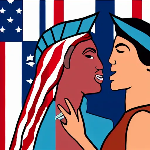 Image similar to lady liberty making out with alexandria ocasio - cortez at a bar, digital art, 8 k