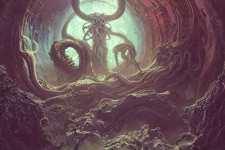 Image similar to a lovecraftian painting of a demonic portal, cosmic horror elements, ultra realistic, concept art, intricate details, eerie, highly detailed, photorealistic, octane render, 8 k, unreal engine. art by artgerm and greg rutkowski and alphonse mucha