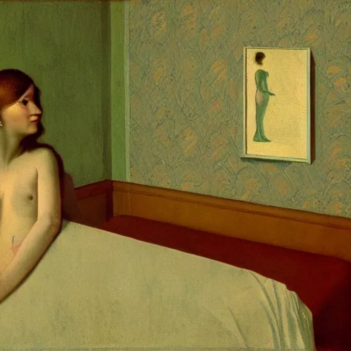 Image similar to a lonely girl in a liminal hotel room, baroque wallpaper, film still by david lynch, depicted by balthus, limited color palette, very intricate, art nouveau, highly detailed, lights by hopper, soft pastel colors, minimalist