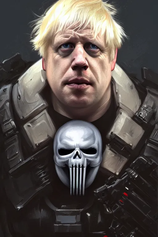 Prompt: Boris Johnson as Punisher, portrait, skull on the armor plate, highly detailed, digital painting, artstation, concept art, smooth, sharp focus, illustration, cinematic lighting, art by artgerm and greg rutkowski and alphonse mucha