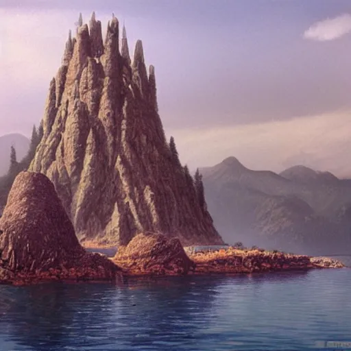 Prompt: three stone towers on a small island on a lake. misty. mountains in the background. painting by Ted Nasmith and Larry Elmore.