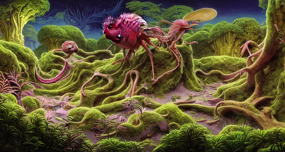 Image similar to axolotl, huge woodlouse, bones of dead animals, solovetsky labyrinths, a landscape on the moon with craters, a lot of exotic vegetations, trees, flowers, a beautiful flowering garden, intricate detaild, pale colors, 8 k, in the style of martin johnson heade and roger dean