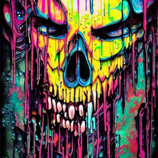 Prompt: drippy, dripping paint, skull, trippy, glitch, miyazaki style, exaggerated accents