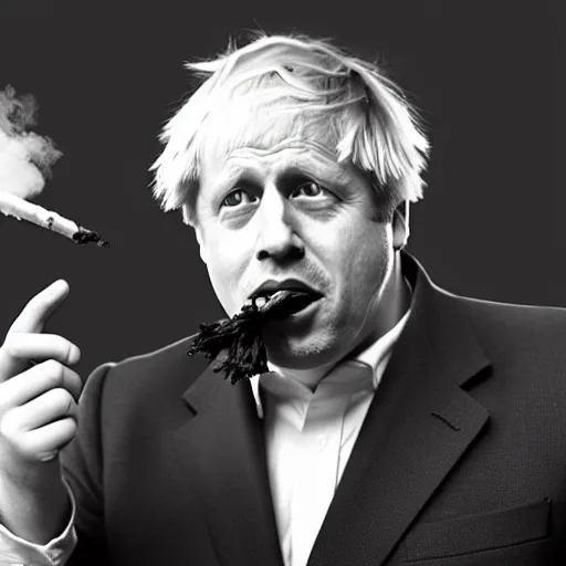 Prompt: medium shot photo of Boris Johnson with a joint in his mouth with smoke coming out, 4k, ultra HD