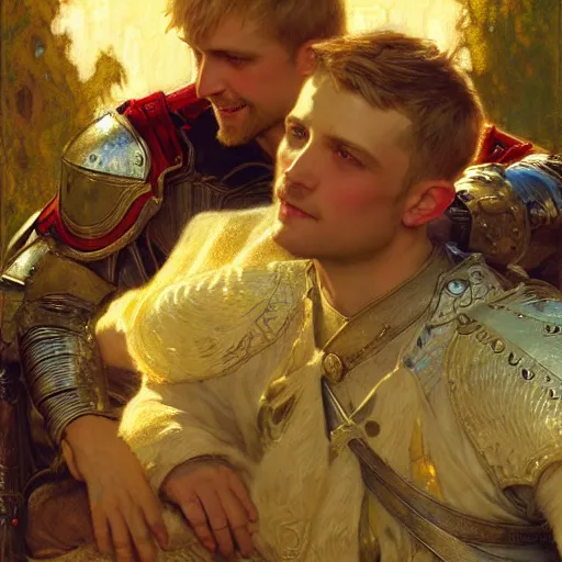 Image similar to attractive arthur pendragon and his attractive male knight, they are in love, natural lighting, path traced, highly detailed, high quality, digital painting, by gaston bussiere, craig mullins, alphonse mucha j. c. leyendecker