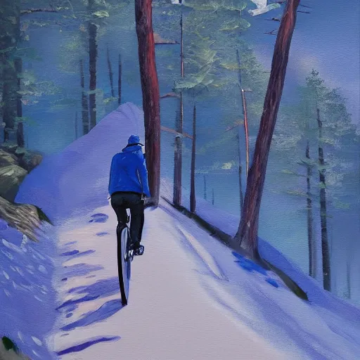 Image similar to man biking up a steep forest hill with a deep blue sweater. sweaty. Oil painting. Emotional. Trending on artstation. Steep. Trees.